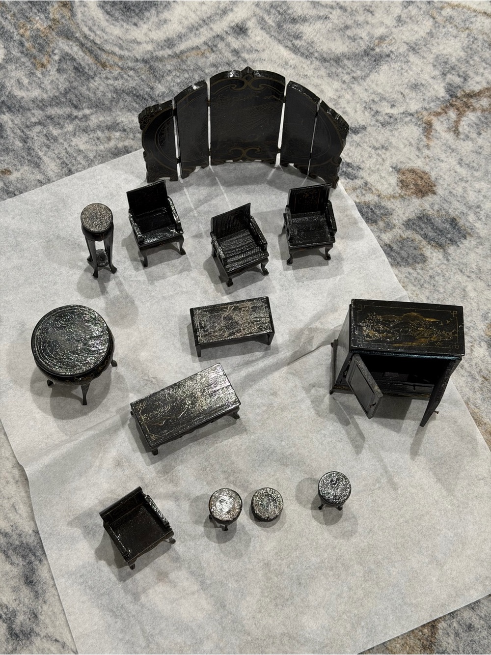 Vintage Miniature Black Lacquer Dollhouse Furniture Set Asian Inspired Look 13Pc